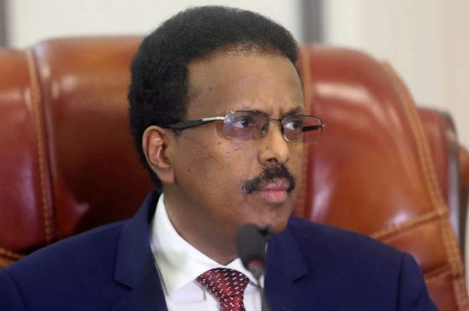 Somalia's President Mohamed Abdullahi Mohamed addresses the lower house of Parliament in Mogadishu, Somalia May 1, 2021. REUTERS/Feisal Omar